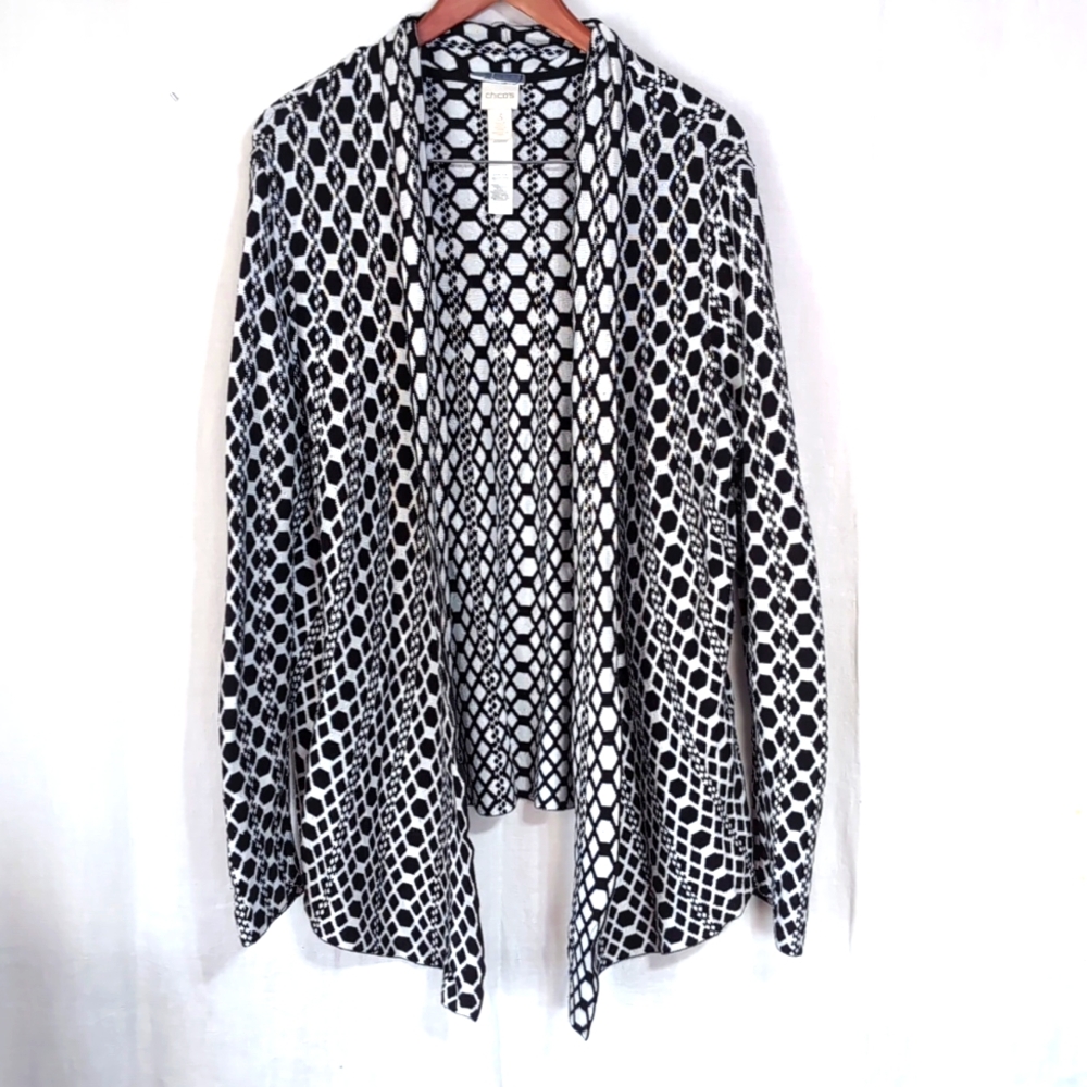 Chicos Black White Geometric Open Front Cardigan Sweater Size 3 - XL